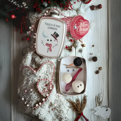 Idea regalo pupazzo di neve scomposto con bombe di semi