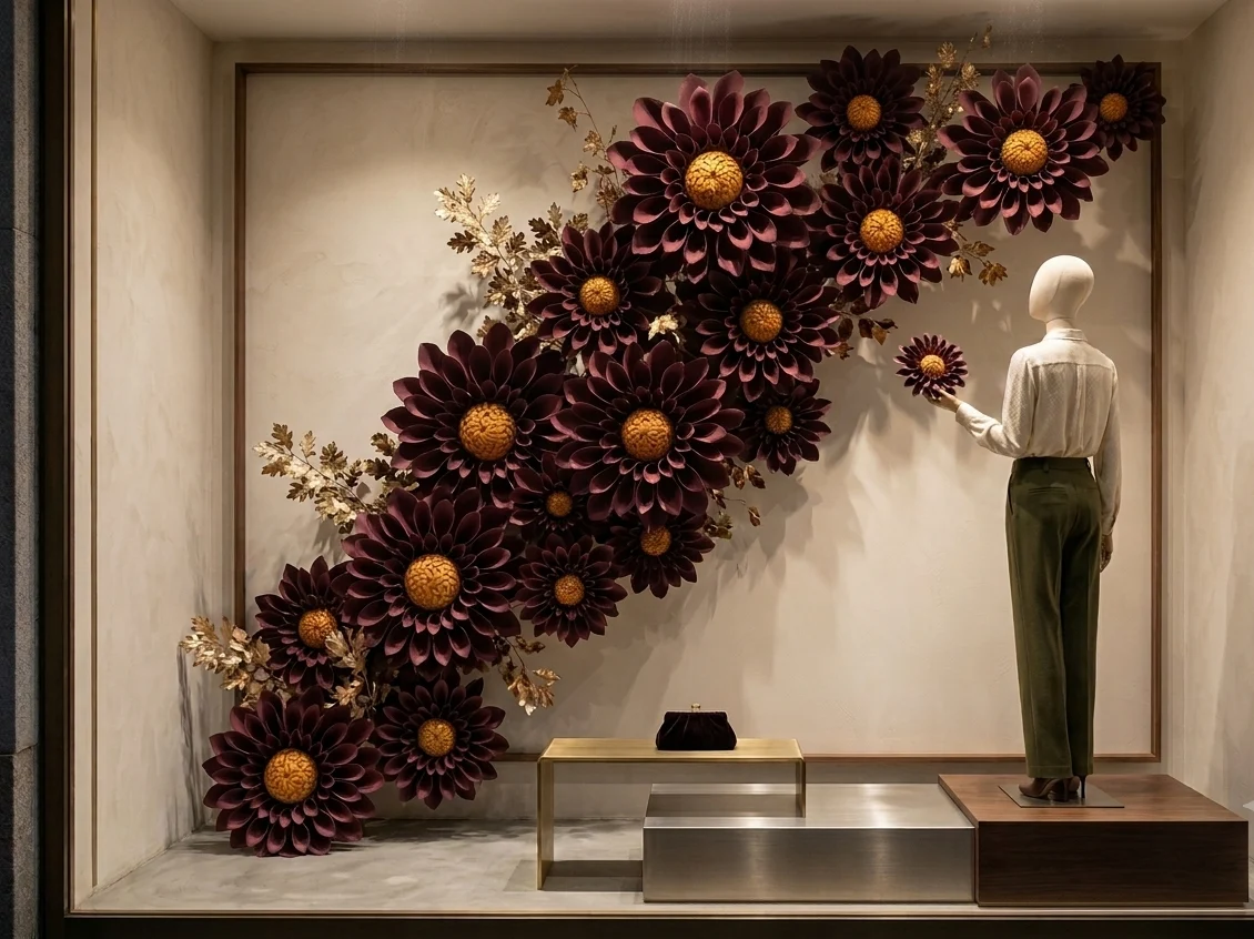 vetrina con fiori giganti per allestimento retail vetrina con fiori giganti per allestimento retail