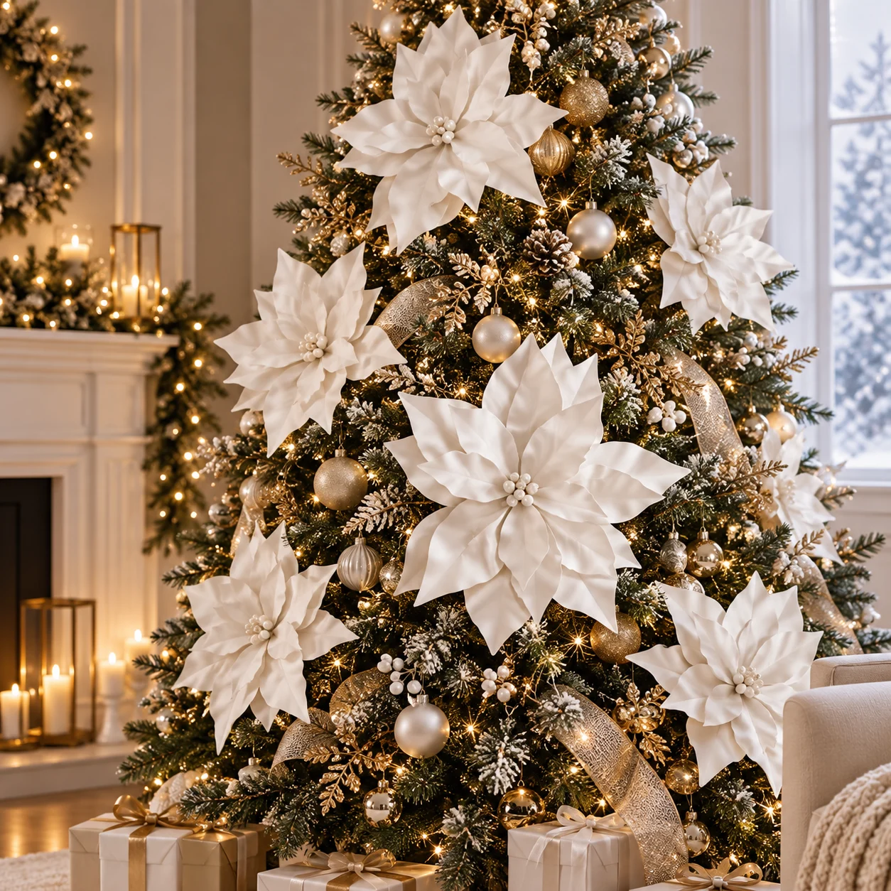 Stella di Natale gigante su grande albero di Natale