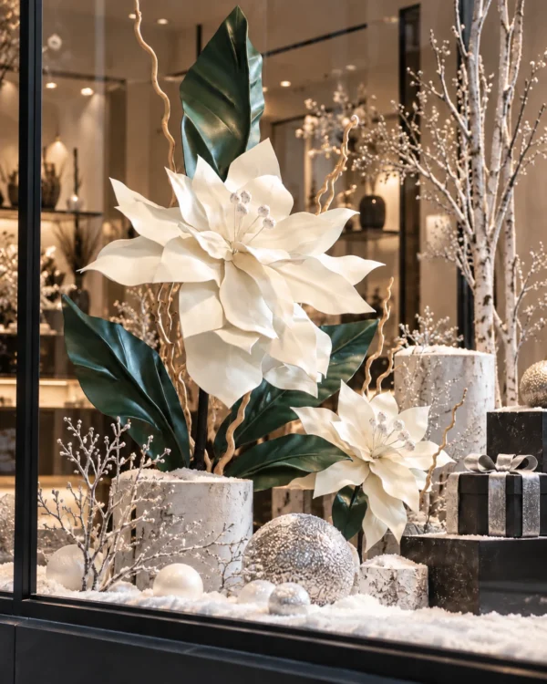 stellanataleinbianco vetrina con stelle di natale bianche