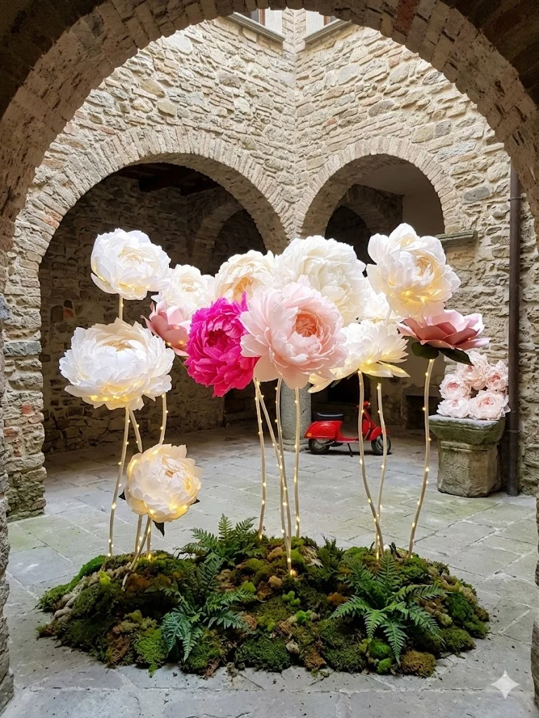 allestimento scenografico con fiori giganti su diverse altezze